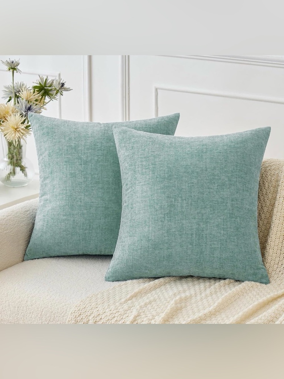 NWT MIULEE Pair of Couch Throw Pillow Covers 20x20 Inch Soft Aqua Green Chenille